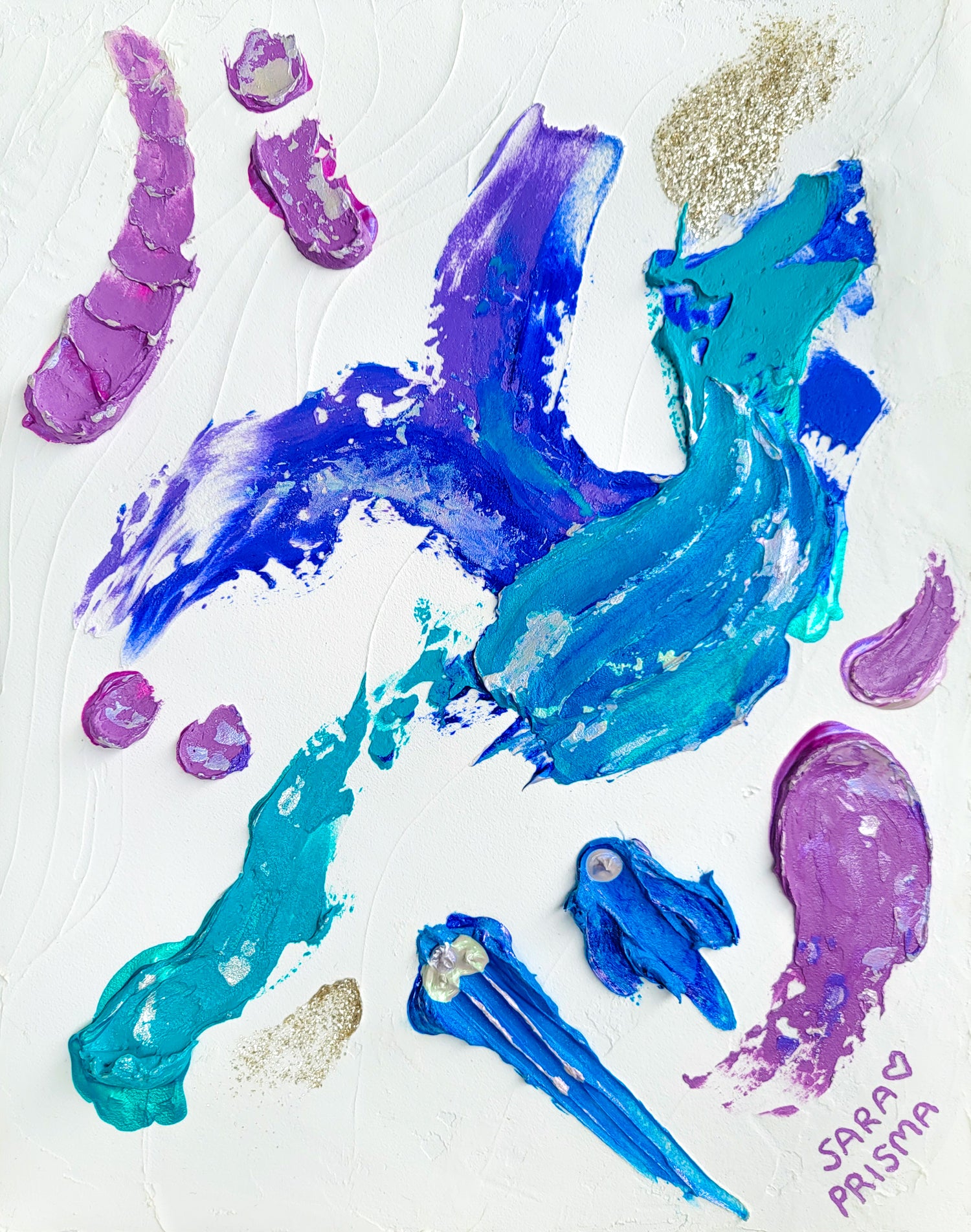 Vibrant and optimistic commissioned abstract painting for Toronto Ontario Canada art collector. Displays a magical teal gestural sweep, with accents of royal blue, grape purple, and violet. Shining gleams of mica flakes give an ethereal feeling to artwork